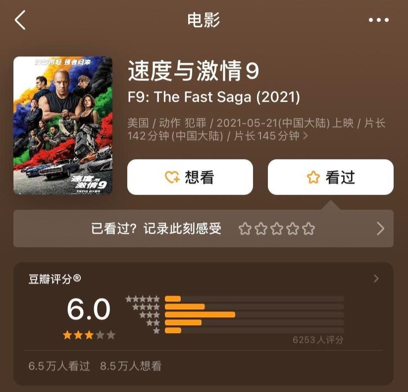 速度与激情9 豆瓣评分6分口碑评价_速度与激情9 上映首日票房_速度与激情5下载